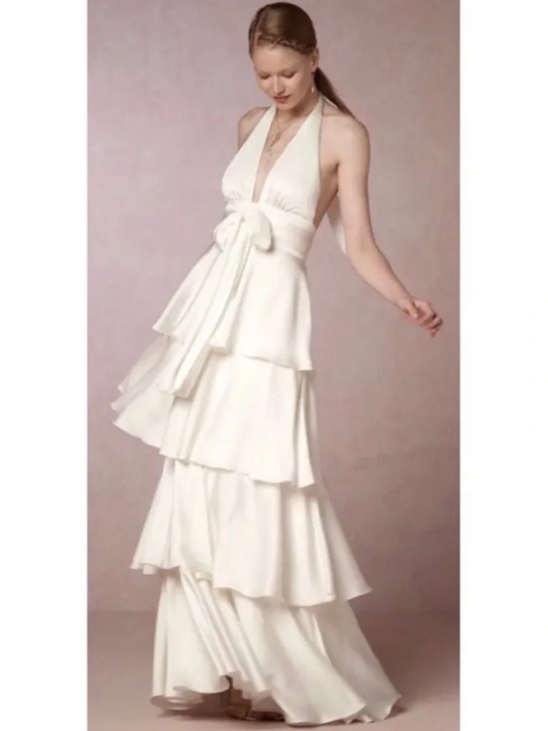 Anthropologie Bhldn Jill Stuart Billie Ivory Tiered Halter Wedding Dress